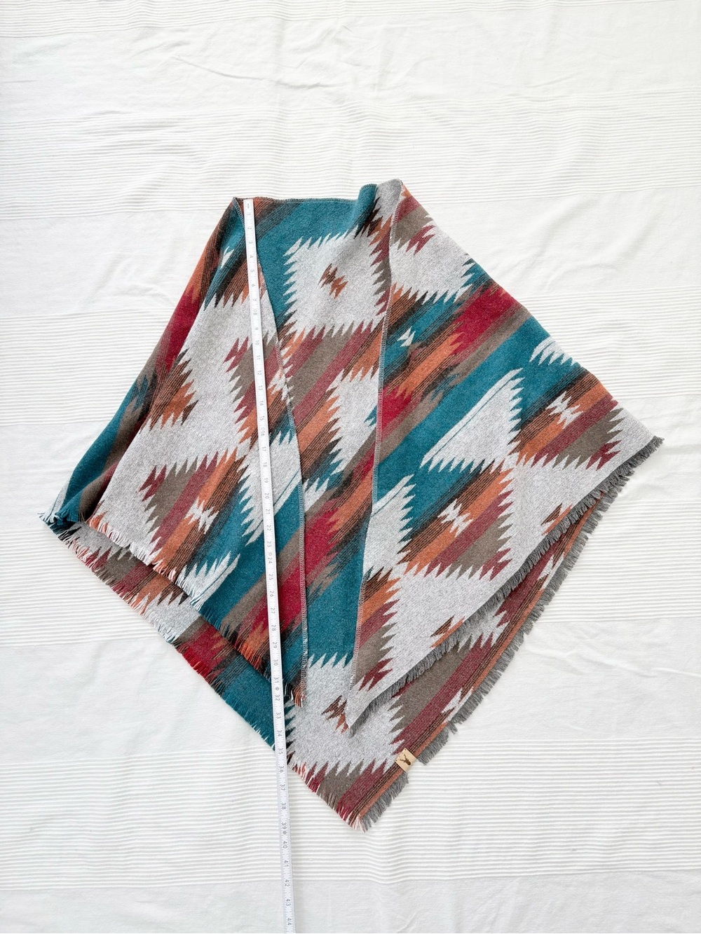 Southwestern Pattern Fringe Blanket Wrap in Teal, Rust & Cream - Picture 5 of 8
